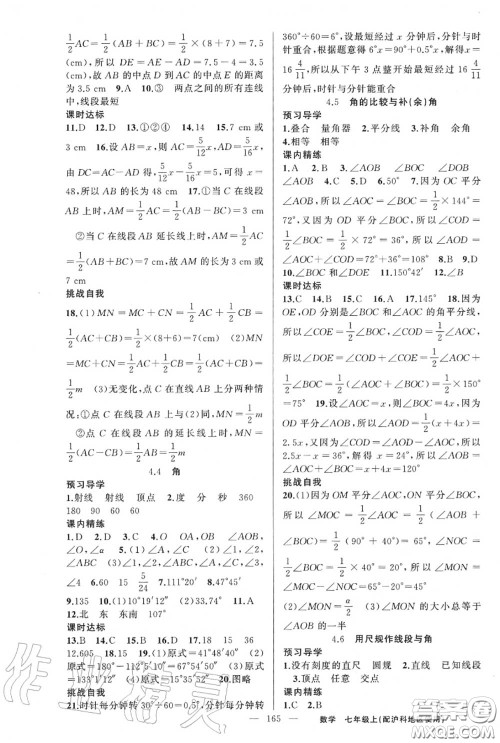 黄冈金牌之路2020秋练闯考七年级数学上册沪科版参考答案