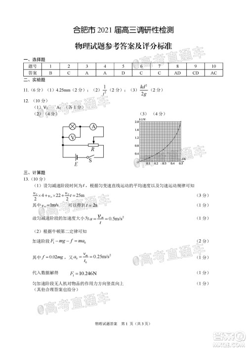 合肥市2021届高三调研性检测物理试题及答案