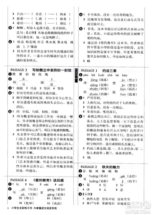 2020年小学生全彩练习本语文阅读专练六年级通用版答案