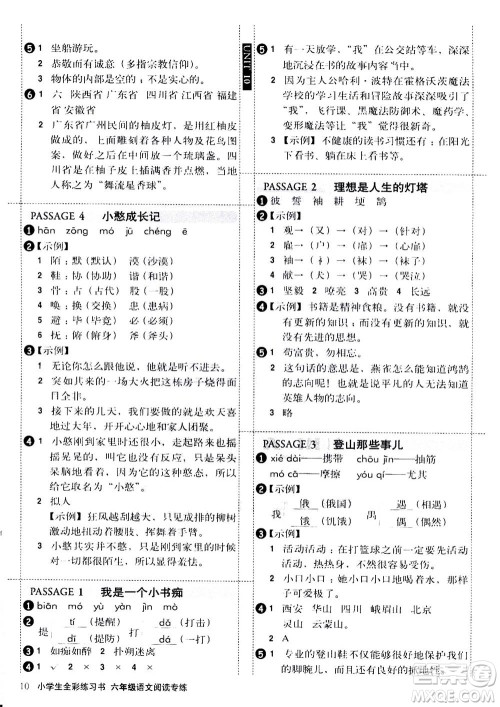 2020年小学生全彩练习本语文阅读专练六年级通用版答案