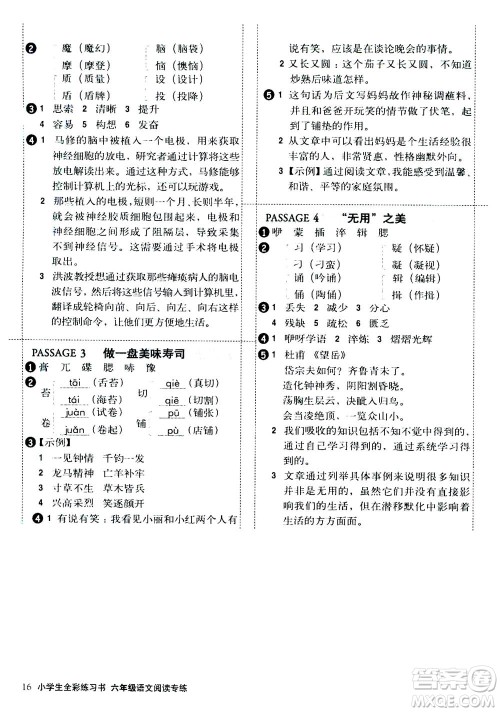 2020年小学生全彩练习本语文阅读专练六年级通用版答案