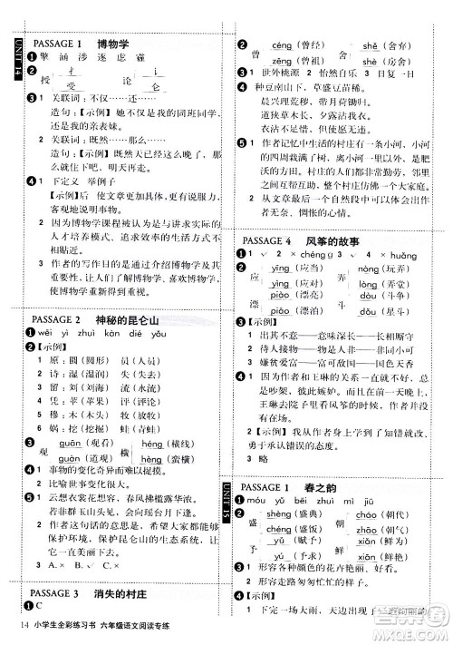 2020年小学生全彩练习本语文阅读专练六年级通用版答案