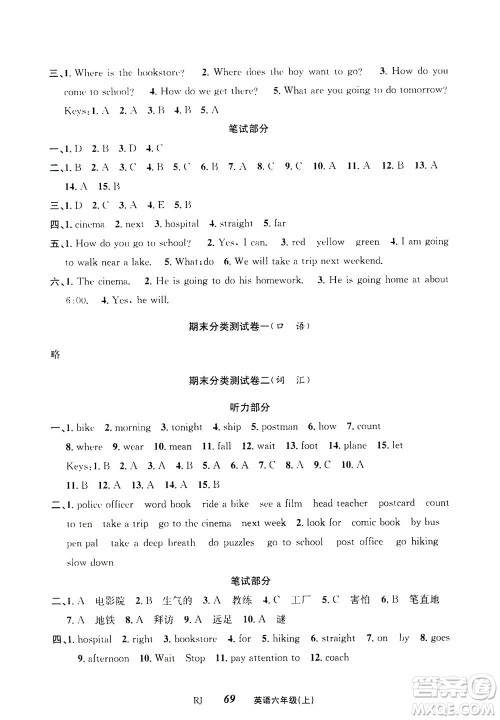 云南科技出版社2020年创新成功学习同步导学英语六年级上RJ人教版答案
