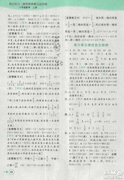 2020年亮点给力提优班多维互动空间六年级数学上册人教版答案