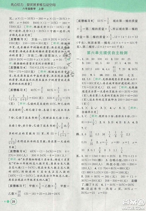 2020年亮点给力提优班多维互动空间六年级数学上册人教版答案
