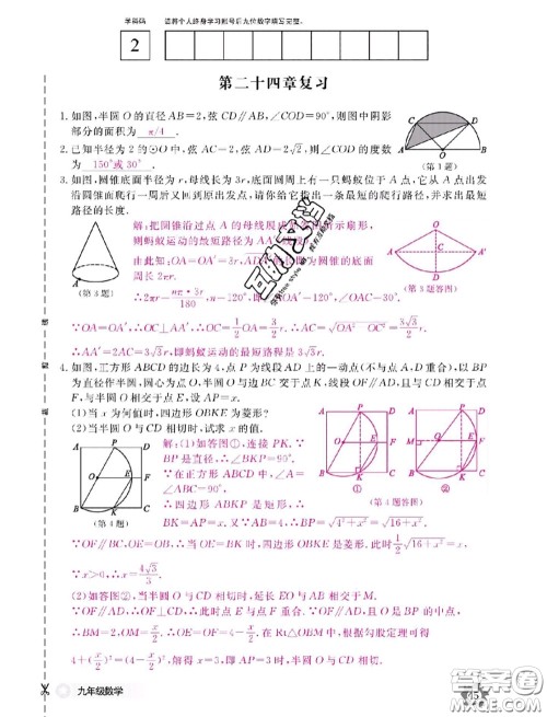 江西教育出版社2020年数学作业本九年级全一册参考答案