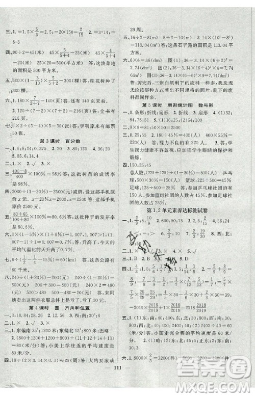 天津科学技术出版社2020年智慧花朵数学六年级上册R人教版答案