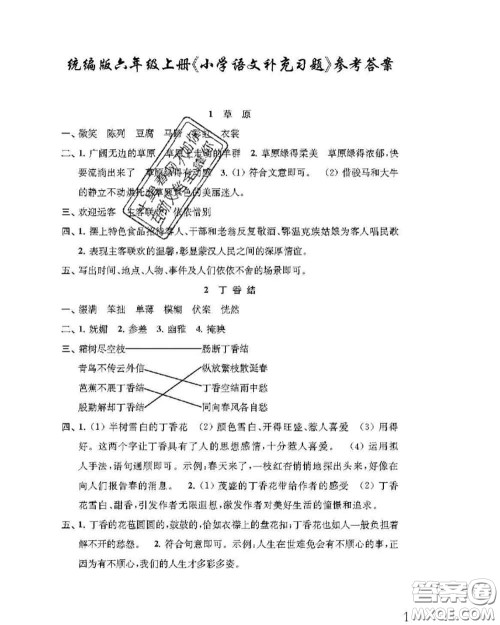 江苏凤凰教育出版社2020小学语文补充习题六年级上册答案