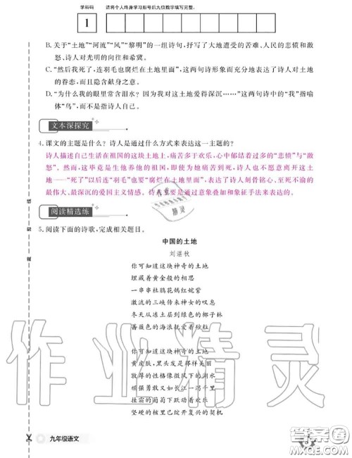 江西教育出版社2020年语文作业本九年级全一册参考答案