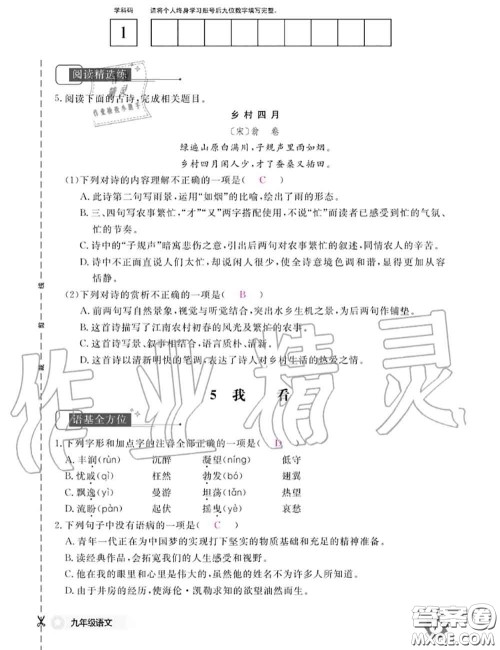 江西教育出版社2020年语文作业本九年级全一册参考答案