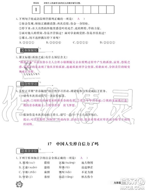 江西教育出版社2020年语文作业本九年级全一册参考答案