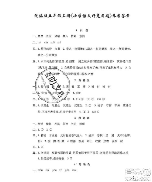 江苏凤凰教育出版社2020小学语文补充习题五年级上册答案