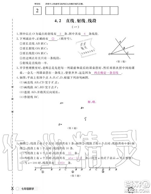 江西教育出版社2020年数学作业本七年级上册人教版参考答案