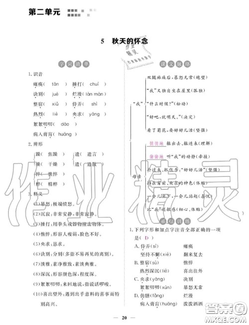 2020年一课一练创新练习七年级语文上册人教版参考答案 2020年一课一练创新练习七年级语文上册人教版参考答案