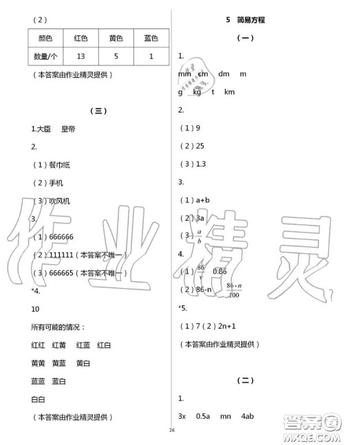 浙江教育出版社2020年数学作业本五年级上册人教版参考答案