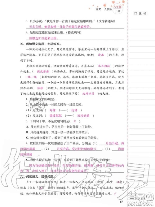 2020年秋同步指导训练与检测六年级语文上册人教版参考答案 2020年秋同步指导训练与检测六年级语文上册人教版参考答案