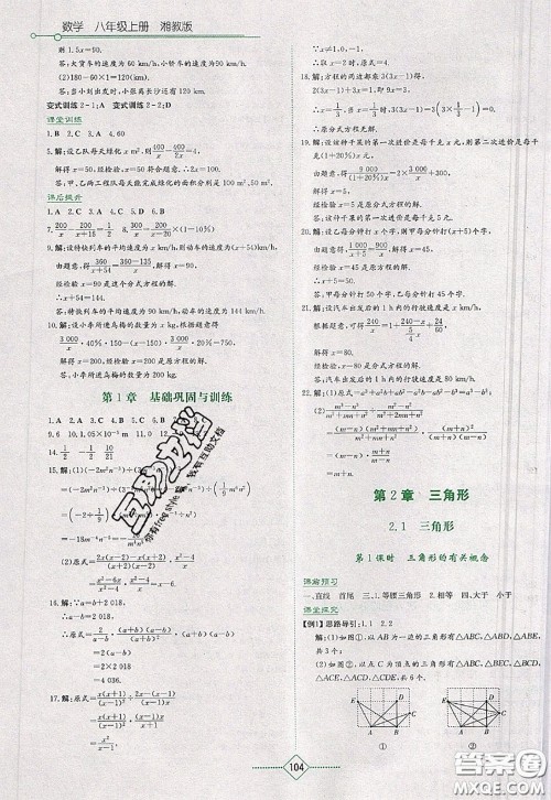 湖南教育出版社2020年学法大视野八年级数学上册湘教版参考答案