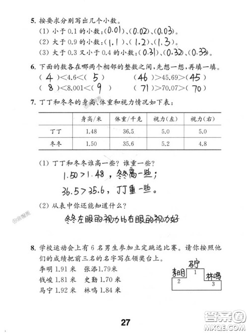 江苏凤凰教育出版社2020数学补充习题五年级上册人教版参考答案
