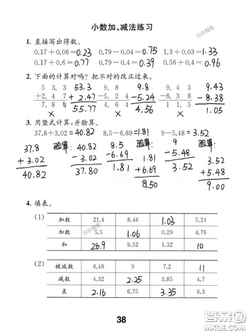 江苏凤凰教育出版社2020数学补充习题五年级上册人教版参考答案