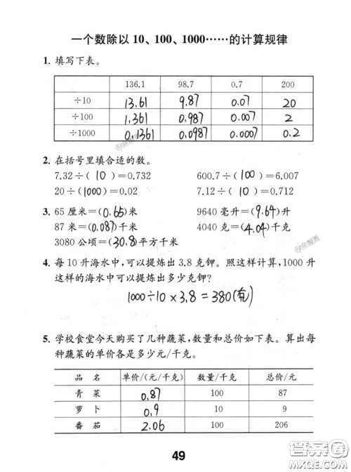 江苏凤凰教育出版社2020数学补充习题五年级上册人教版参考答案