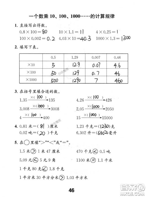 江苏凤凰教育出版社2020数学补充习题五年级上册人教版参考答案