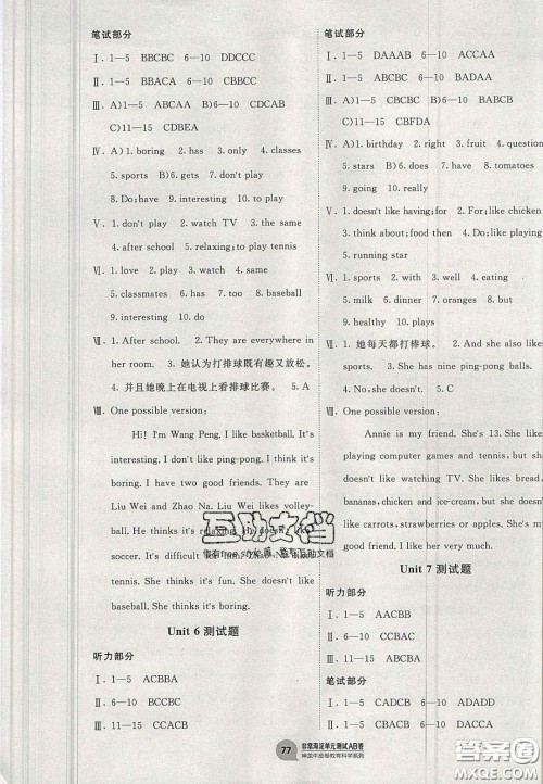 神农牛皮卷2020秋非常海淀单元测试AB卷七年级英语上册人教版答案