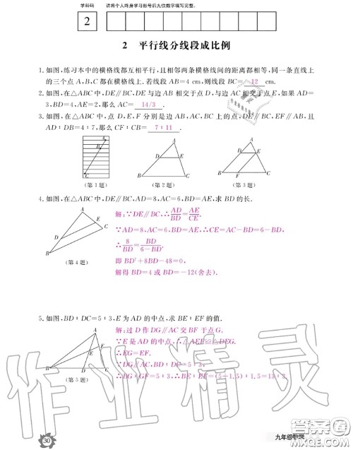 江西教育出版社2020年数学作业本九年级全一册北师版答案