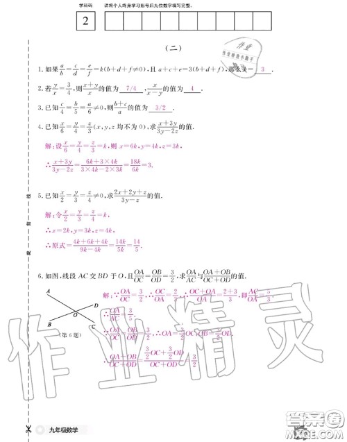 江西教育出版社2020年数学作业本九年级全一册北师版答案