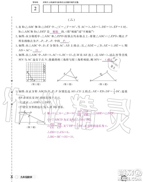 江西教育出版社2020年数学作业本九年级全一册北师版答案