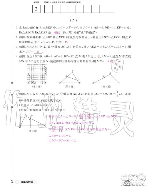 江西教育出版社2020年数学作业本九年级全一册北师版答案