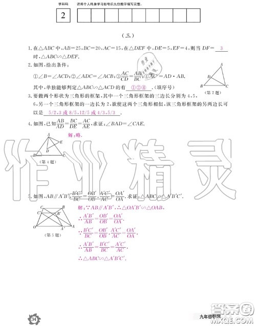 江西教育出版社2020年数学作业本九年级全一册北师版答案