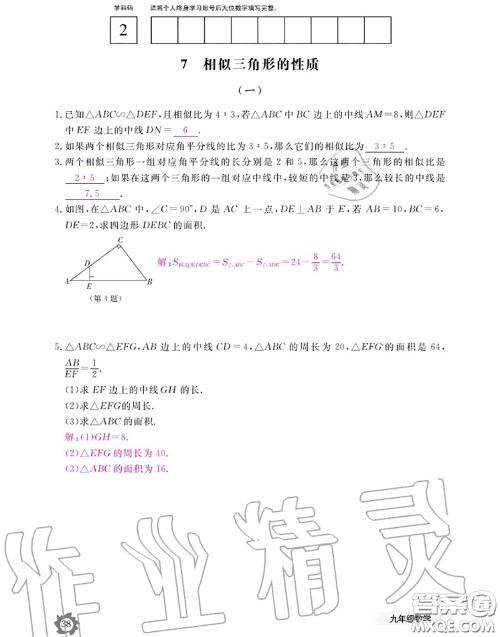 江西教育出版社2020年数学作业本九年级全一册北师版答案