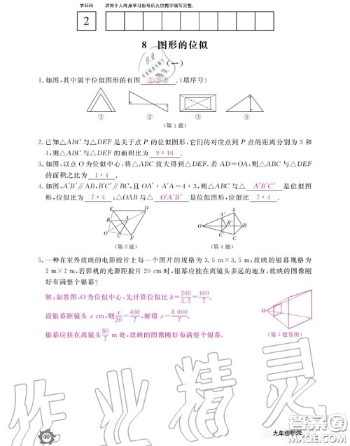 江西教育出版社2020年数学作业本九年级全一册北师版答案