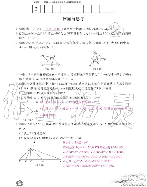 江西教育出版社2020年数学作业本九年级全一册北师版答案