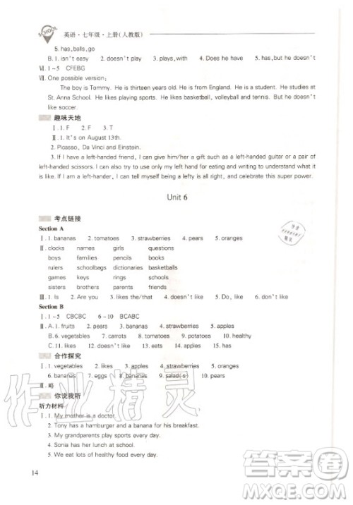 2020年新课程解决问题导学方案七年级上册英语人教版答案