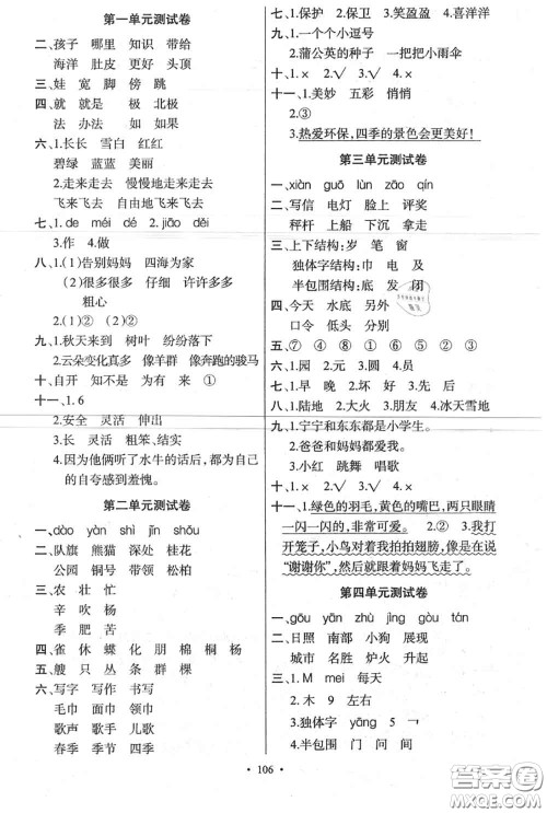 新疆青少年出版社2020秋原创新课堂二年级语文上册人教版答案