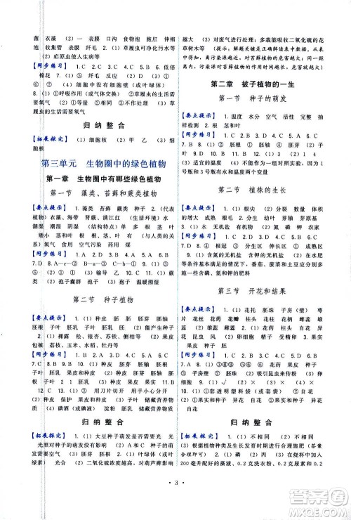 福建人民出版社2020年顶尖课课练生物七年级上册人教版答案