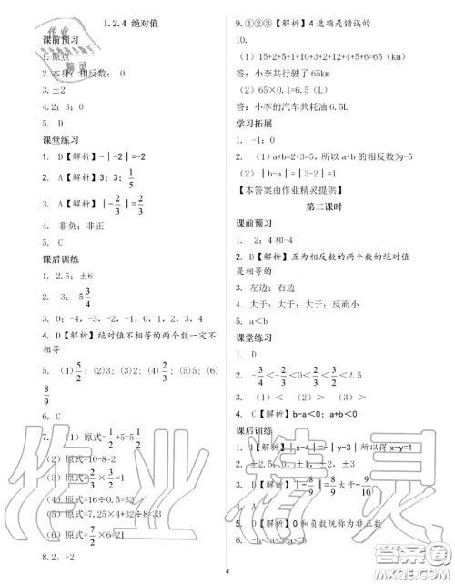 大象出版社2020年基础训练七年级数学上册人教版参考答案