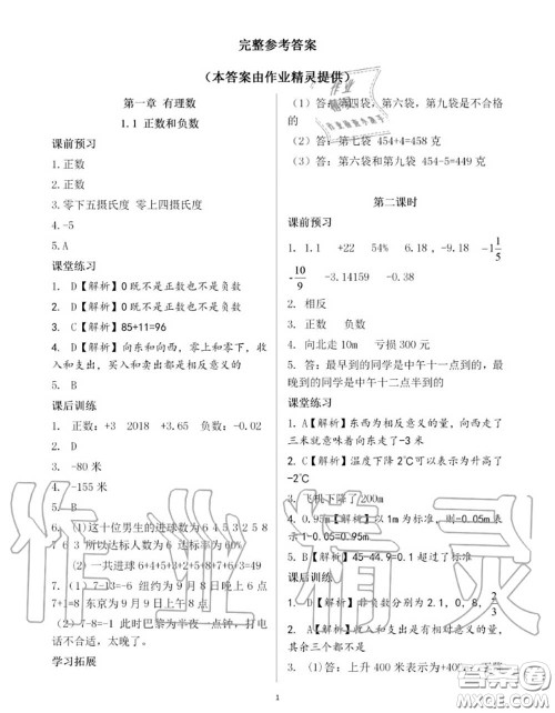 大象出版社2020年基础训练七年级数学上册人教版参考答案