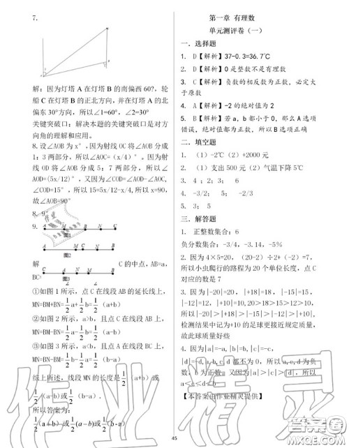 大象出版社2020年基础训练七年级数学上册人教版参考答案