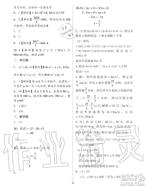 大象出版社2020年基础训练七年级数学上册人教版参考答案