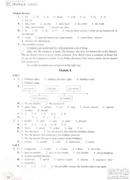 浙江教育出版社2020年英语作业本七年级上册人教版参考答案