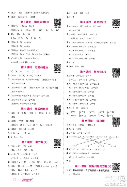 2020年阳光同学课时达标训练数学五年级上册R人教版浙江专版答案 2020年阳光同学课时达标训练数学五年级上册R人教版浙江专版答案