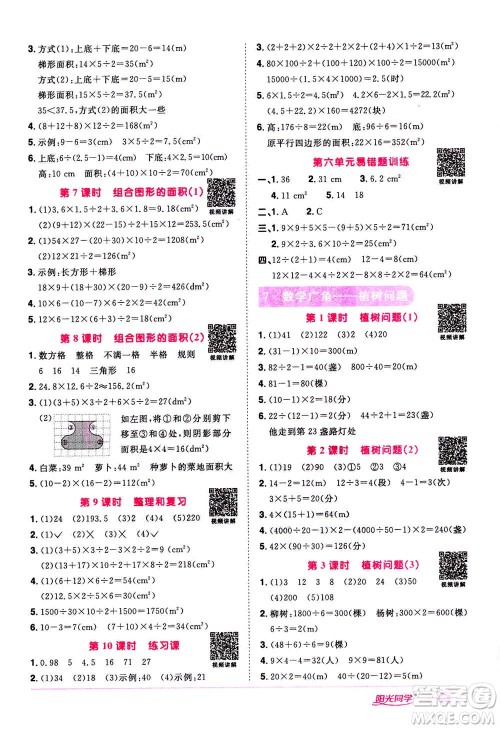 2020年阳光同学课时达标训练数学五年级上册R人教版浙江专版答案