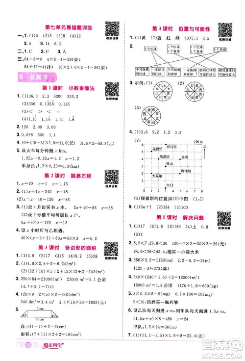 2020年阳光同学课时达标训练数学五年级上册R人教版浙江专版答案