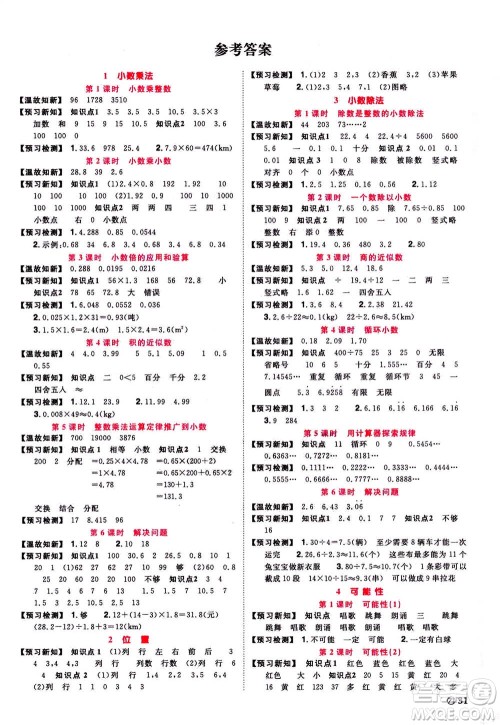 2020年阳光同学课时达标训练数学五年级上册R人教版浙江专版答案