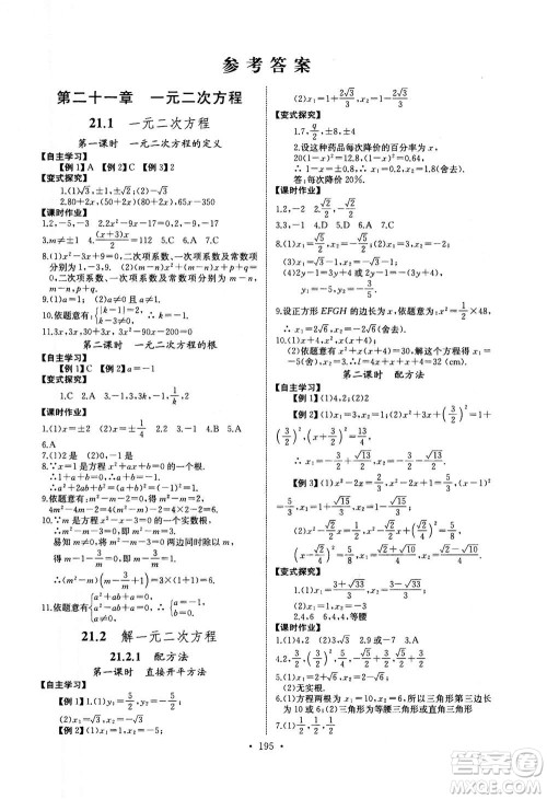 2020年长江全能学案同步练习册数学九年级全一册人教版答案