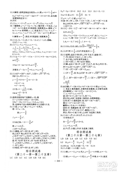 2020年长江全能学案同步练习册数学九年级全一册人教版答案