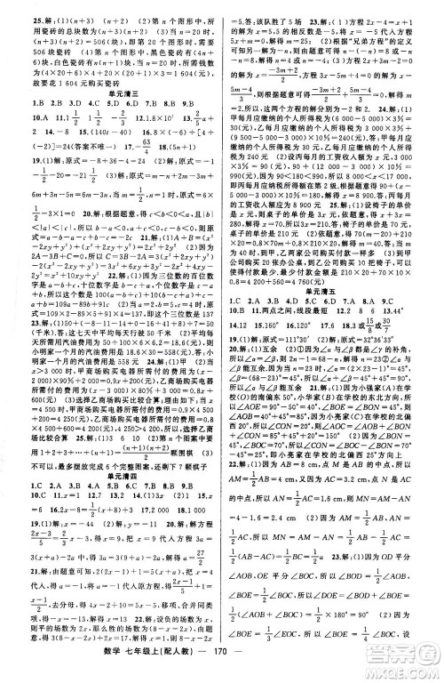 新疆青少年出版社2020年四清导航数学七年级上册人教版答案