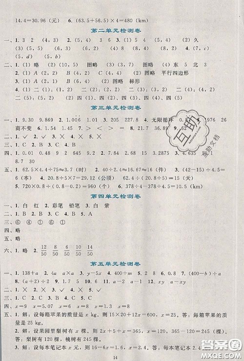 人民教育出版社2020秋同步轻松练习五年级数学上册人教版答案